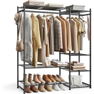 SONGMICS Portable Closet Wardrobe, Clothes Rack, Closet Organizers and Storage, Freestanding Clothing Rack with 7 Shelves, 2 Hanging Rods, Metal Frame Rack, for Bedroom, Entryway, Black ULGR010BZ03S, 49.1"l