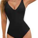BMJL Women's One Piece Swimsuit Slimming Tummy Control Bathing Suit Deep V Neck Color Block Lace Up Back Swimwear (Medium, Black063)