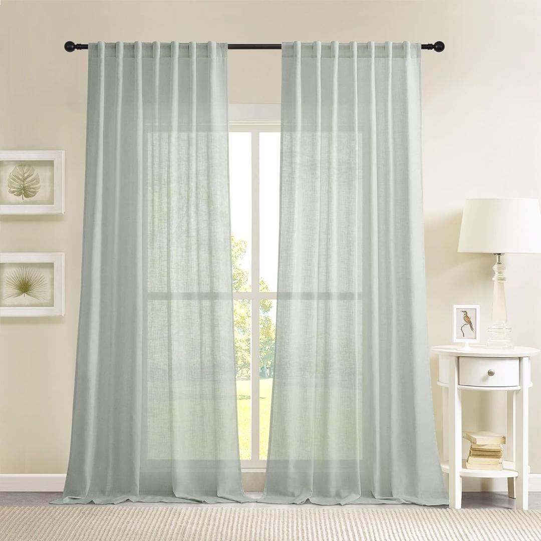 Novecozy Natural Linen Green Semi Sheer Curtains 45 Inch Long 2 Panels Set for Bedroom Living Room, Backtab Rod Pocket Farmhouse Boho Linen Textured Light Filtering Window Drapes, Gray Green
