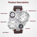 NICERIO Mens Big Face Watches - Cool Wrist Watch Genuine Leather Strap Dual Time Zone Sport Watch Analog Quartz Display with Thermometer Compass