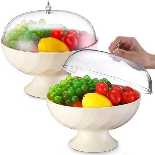 LOYIM 2 Pcs Fruit Bowl with Lid for Kitchen 9.65 Inch Fruit Basket with Draining Holes and Removable Pedestal Fruits Holder for Dining Table Decorations Counter Food Vegetable Storage Accessories