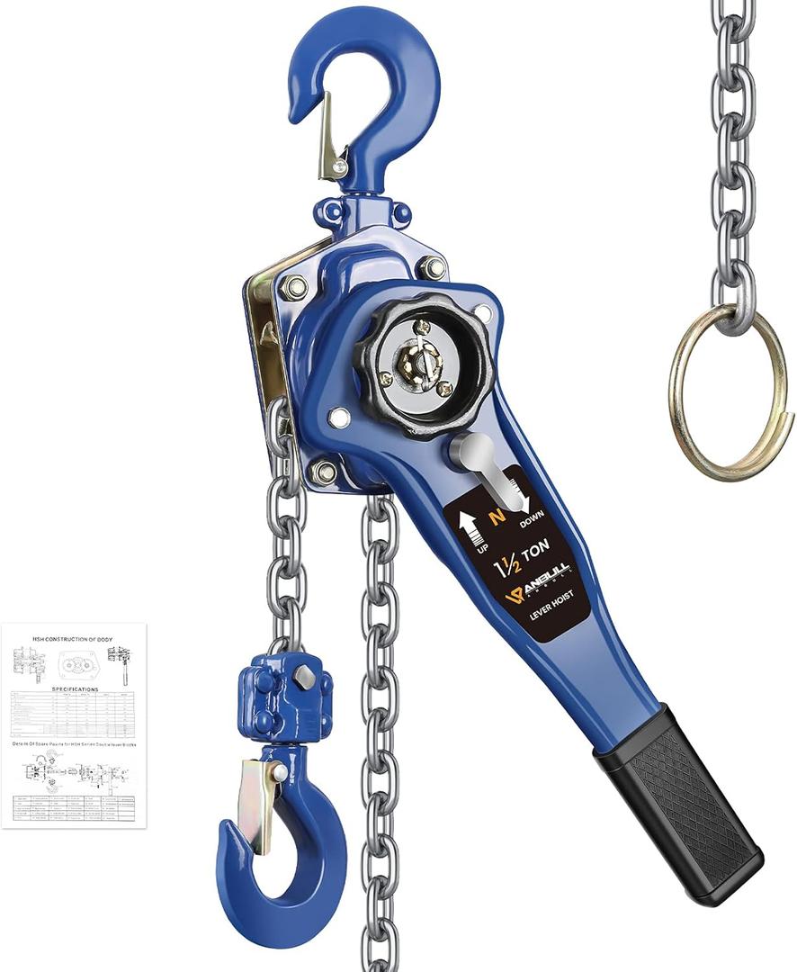 ANBULL Lever Chain Hoist 3300LBS 20FT, 1-1/2 Ton 6M Manual Ratchet Chain Puller Hoist w/G80 Galvanized Chain & Portable Hooks, lever block hand come along