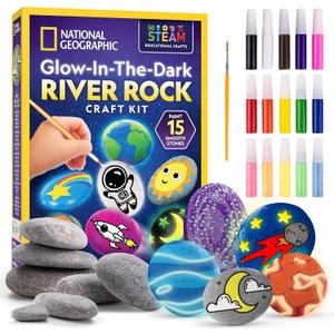 NATIONAL GEOGRAPHIC Glow in the Dark Rock Painting Kit - Arts & Crafts Kit for Kids, Decorate 15 River Rocks with 15 Paint Colors & More Art Supplies, Kids Craft, Art Kit, Kid Activity Kit
