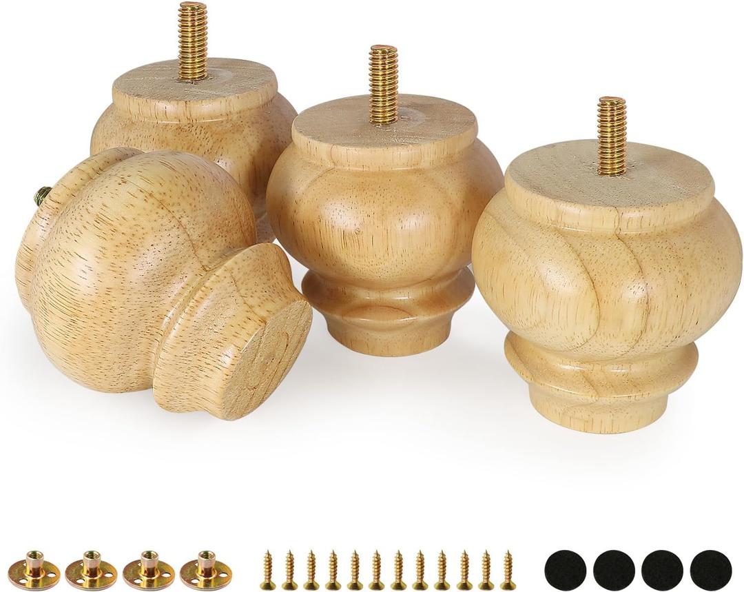 FoDau770 Rubber Wood Furniture Legs 3 Inch, Mid-Century Modern Couch Feet Heavy Duty Sofa Legs Set of 4, Vintage Dresser Feet Round Ottoman Leg Bun Feet Replacement Leg for DIY Furniture Projects