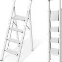 KINGRACK Aluminium 4 Step Ladder, Lightweight Step Stool with Non-Slip Pedals, Handrail, Foldable Step Ladder for Kitchen, Garage, Home, Space Saving, Sturdy and Portable, Silver
