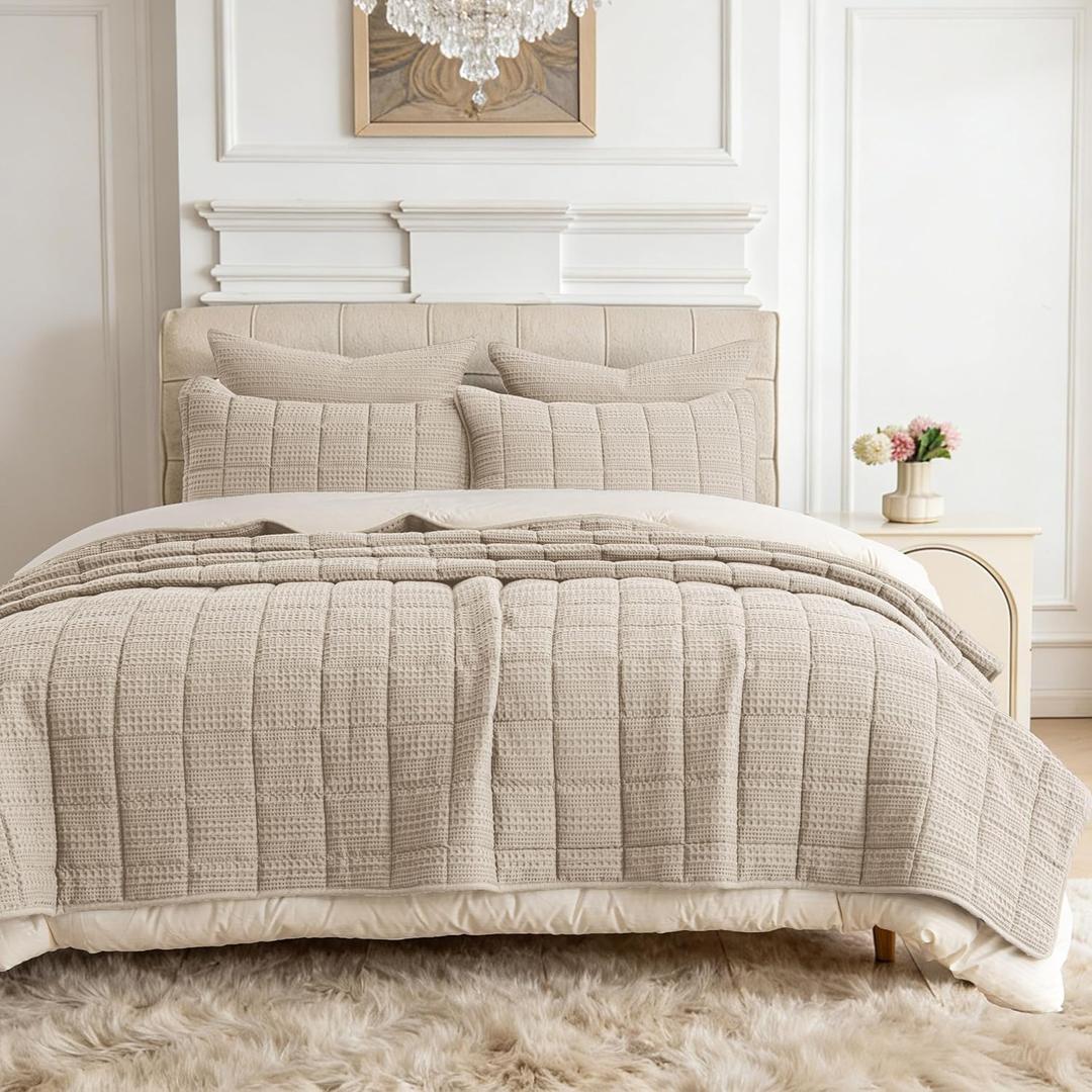 120x128 Cotton Quilt Bedding Set Oversized King Size Quilted Bedspread Sets with 2 Shams,3 Pieces Lightweight Soft Bedding Sets for All Season,Khaki