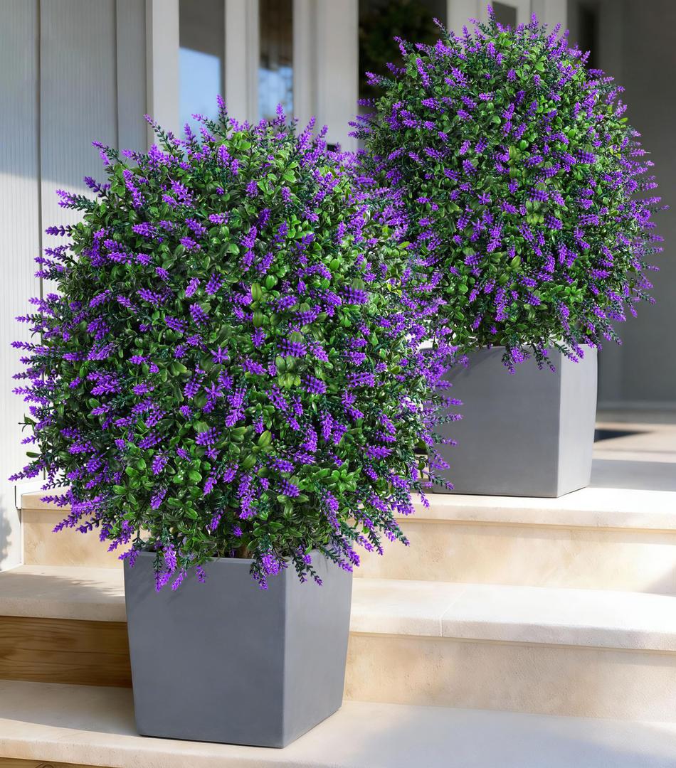 HyeFlora 26'' Artificial Boxwood Topiary Trees with Lavender 2 Pack Fake Plants for Outdoor Indoor Artificial Shrubs with Metal Ground Spike UV Resistant Fake Bushes for Front Porch Garden, Purple