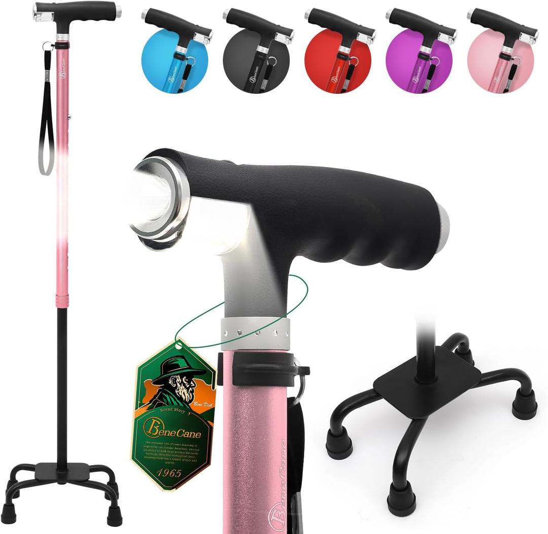 BeneCane Quad Cane Walking Cane with Two Led Lights with Big Base T HandleLightweight Adjustable Walking Stick Four Pronged Sturdy for Men and Women (PINK)
