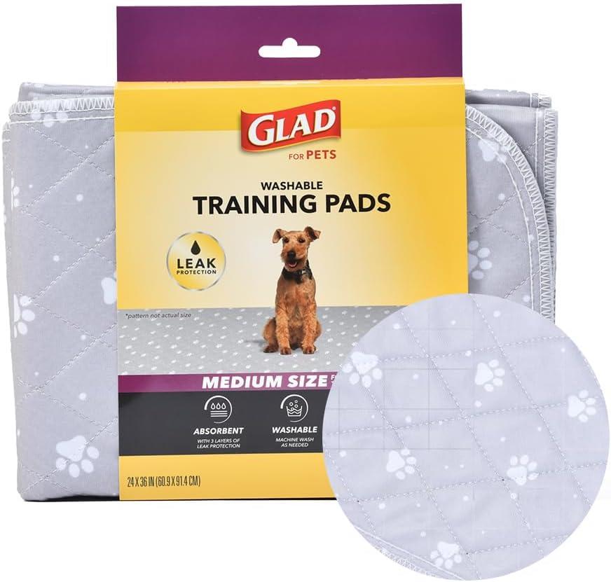 Glad for Pets Washable Training Pads, Medium Size (24”x36”), 2 Pack Gray with Paw Prints| Reusable Cloth Dog Training Pads with 3 Layers of Leak Protection and No Slip Grip Vinyl Bottom