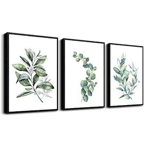 Black Framed Canvas Wall Art for Living Room - Large Size Decor for Bedroom, Green Leaves Paintings, Office Pictures, Kitchen and Bathroom Decoration - Set of 3 Piece Framed Art Prints