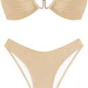 ZAFUL Womens Bandeau Bikini Set Metallic Sparkly O Ring Lace Up Tie Side High Cut Tanga Sexy Bathing Suit Swimwear (A-apricot, Medium)