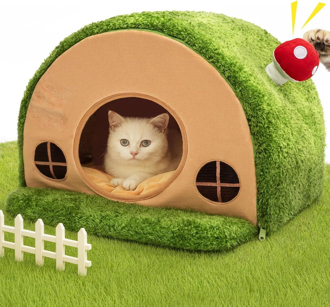 Mellownido Cat Bed for Indoor Cats - Cute Cat Bed Cave, Tree Hole Cat House Tent for Kittens and Small Pets with Removable Washable Cushion & Anti-Slip Bottom, Foldable Kitten Bed Hideaway, Green