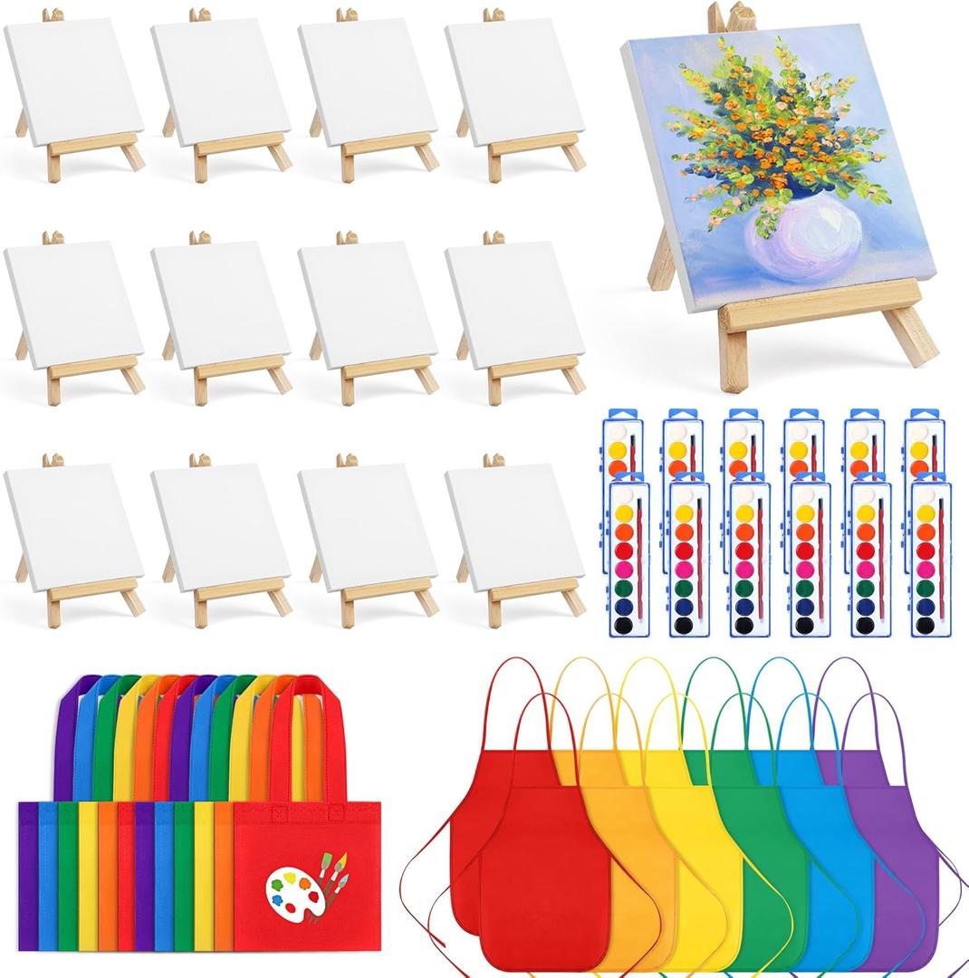 Aodaer 48 Pieces Mini Watercolor Paint Set Include 12 Set Colors Watercolor Paints Strip Palette Wooden Canvas Easels Canvas Tote Bags Aprons for Art Beginner Gift Painting Supplies