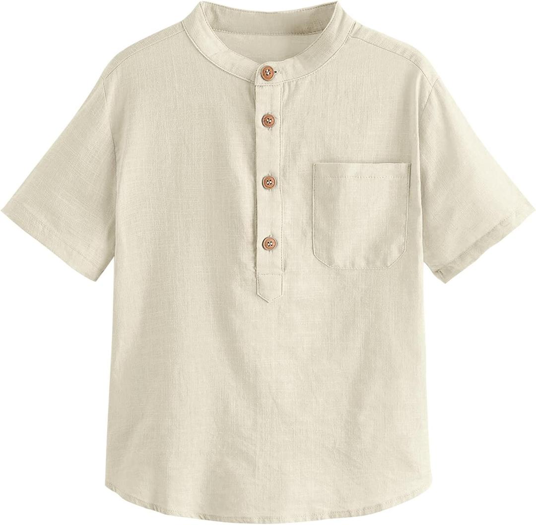 Inorin Boys Button Up Henley Shirt Short Sleeve Lightweight Summer Linen Cotton Dress Shirts Tees Tops with One Pocket (5-6 Years, Beige)