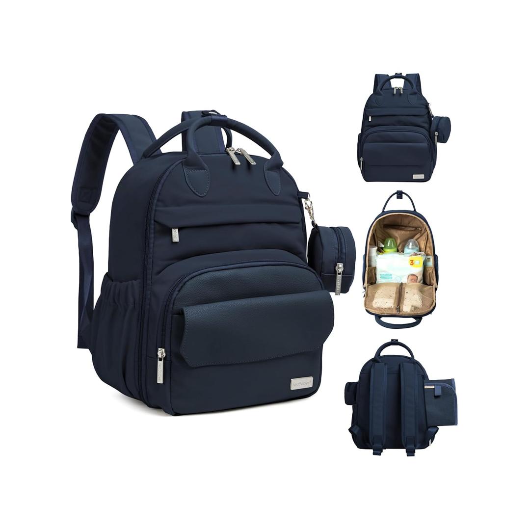 Diaper Bag Backpack - Multifunctional Travel Diaper Back Packs,Maternity Baby Changing Bags, Compact 12L Capacity, PU Leather, Waterproof, Unisex, Stylish Nappy Bag, Diaper Changing Pad (Navy Blue)