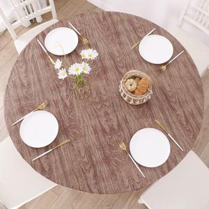 Round Vinyl Fitted Tablecloth with Flannel Backing Elastic Edge Design Table Cover Waterproof Oil-Proof PVC Table Cloth Stain-Resistant Best for 45"-56" Round (Wood)