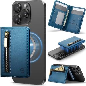 Magnetic Card Holder Compatible with MagSafe Phones and Cases, PU Leather Phone Wallet for iPhone 17/16/15/14/13/12/Pro/Max/Plus/Air, 4 Card Slots RFID Blocking with Zipper Pocket - Dark Blue