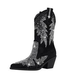 Women's Sparkly Rhinestone Bling Cowgirl Suede Western Boots Shiny Pointed Toe Chunky Heel Glitter Ankle Booties, Size 41