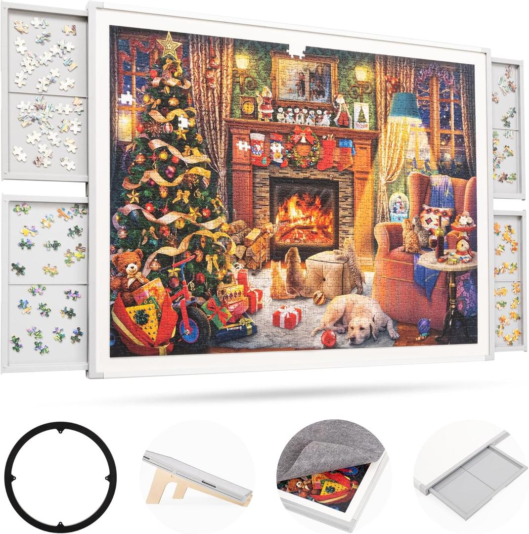 ropoda 1500 Pieces 35"x26" Double-Sided Rotating Plastic Puzzle Board with Drawers and Cover, Portable Jigsaw Puzzle Board,Tilting Puzzle Board,Lazy Susan Spinning Puzzle BoardsPuzzle Table(Grey)