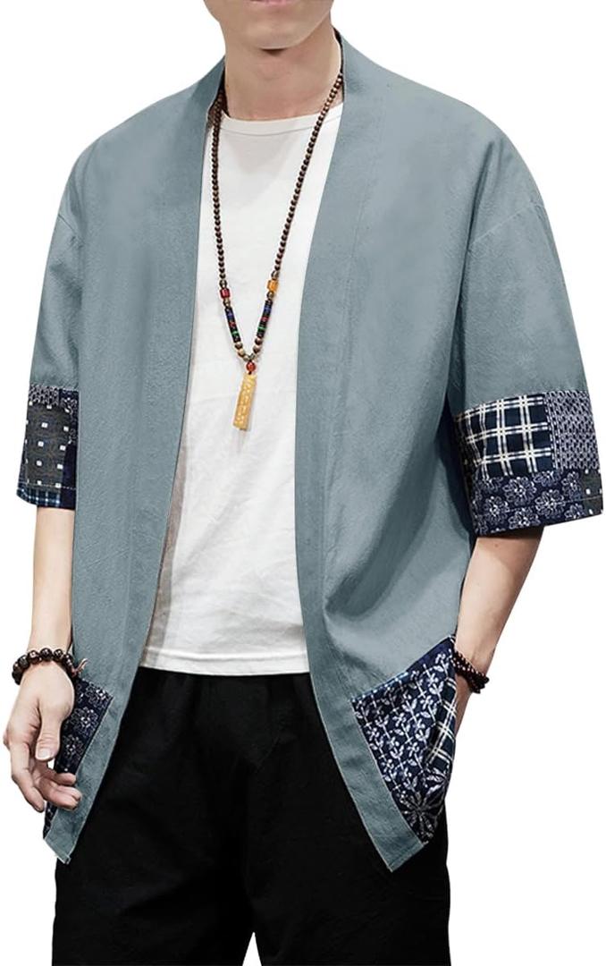 PRIJOUHE Men's Kimono Jackets Cardigan Lightweight Casual Cotton Blends Linen Seven Sleeves Open Front Coat Outwear (Medium, 01-grey)