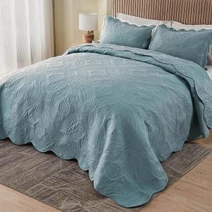 Kingnex Extra Wide Oversized King Bedspreads 128x120 for Tall King or Cal King Bed Ultrasonic Quilted Coverlet Set 3 Piece Include 1 Quilt 2 Pillowcases Blue