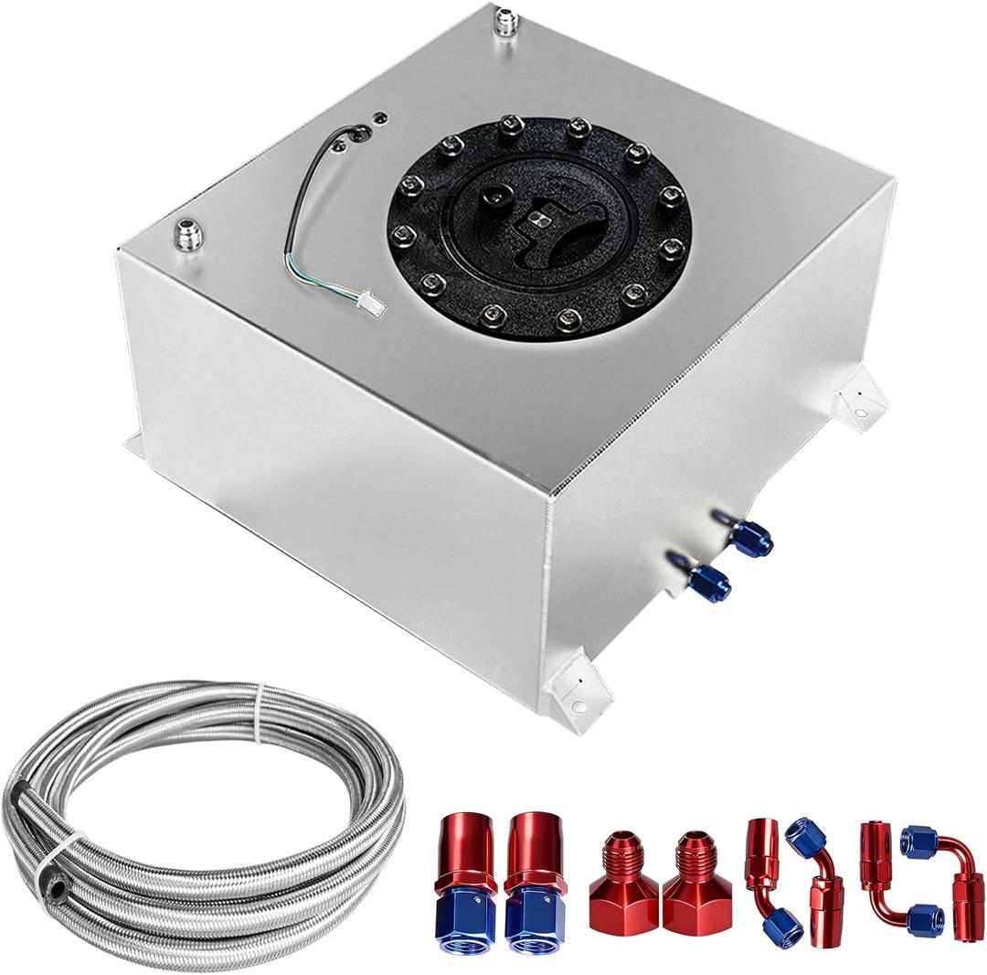 10 Gallon Fuel Cell Polished with Cap Level Sender 6AN 12FT CPE Fuel Line Kit Silver Aluminum
