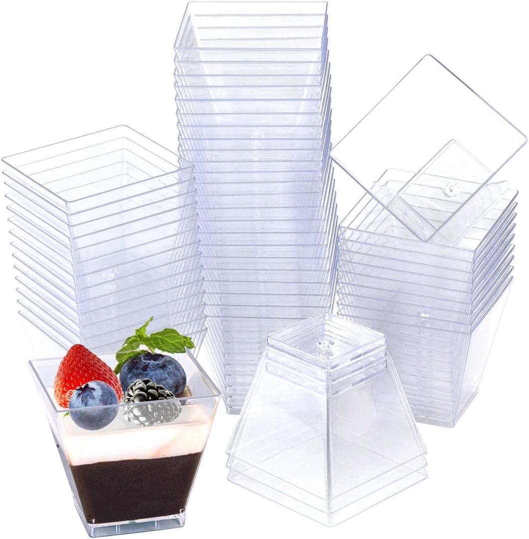Oomcu 100 Pack 2oz Small Square Clear Plastic Dessert Cups  Mini Disposable Tumbler Cups for Ice Cream,Yogurt, Pudding, Chocolate, Mousse, Candies, Appetizers,Snack, Parfait, Charcuterie, Party