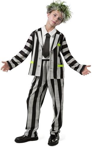 Spooktacular Creations Halloween Costume for Boys, Horror Black and White Vertical Striped Spooky-cool Costume for Kids L(10-12 YRS)