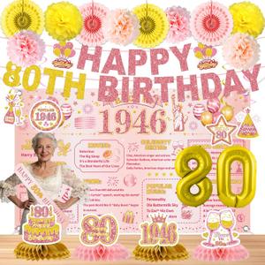 24 Pcs 80th Birthday Decorations for Women, Back in 1946 Party Supplies, Pink Gold 80th Birthday Banner Backdrop Hanging Swirls Balloons Honeycomb Centerpieces Sash