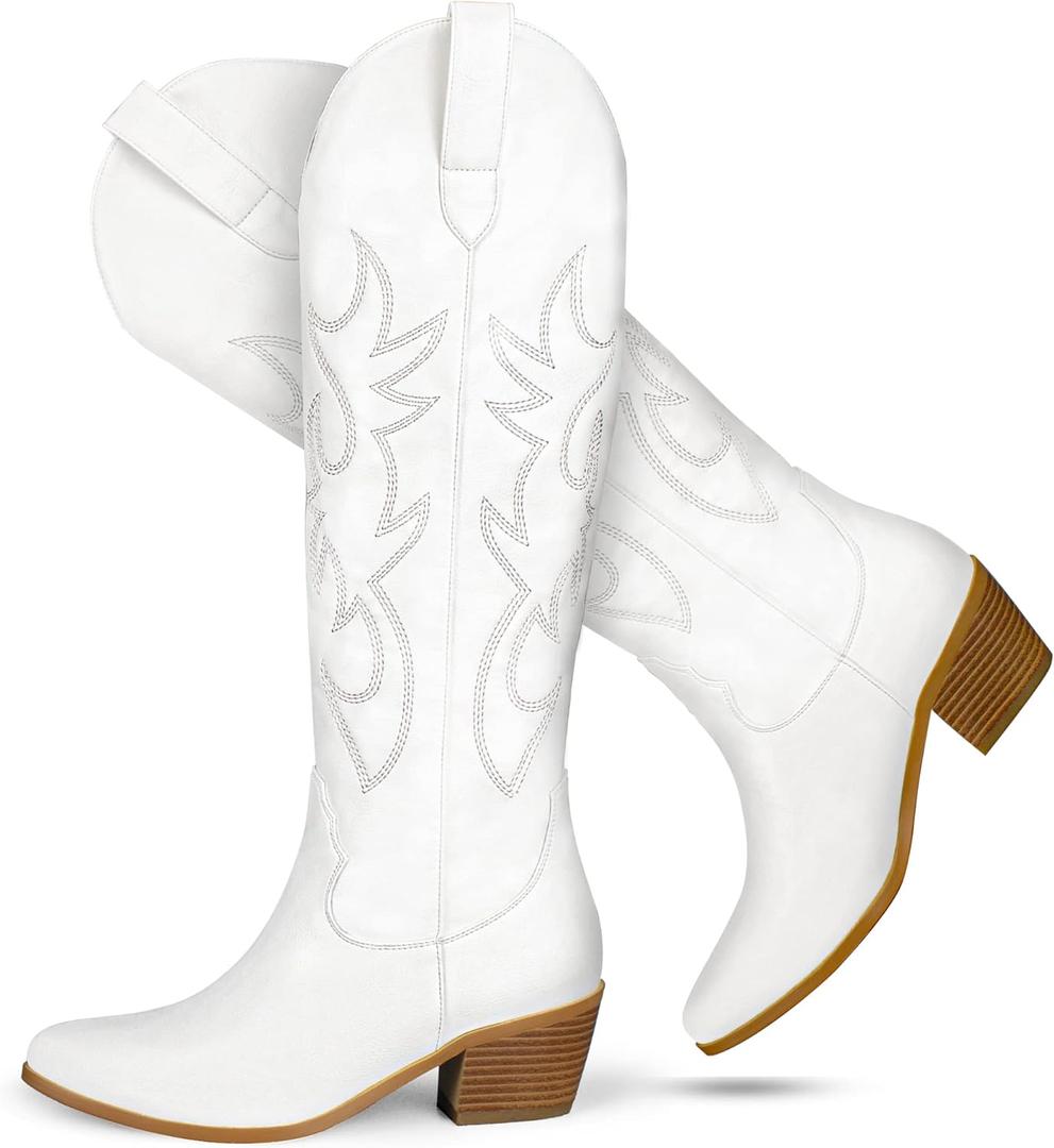 STALOV Cowboy Boots for Women Pull On Chunky Heel Boots Knee High Cowgirl Boots Western Pointed Toe Boots Embroidered Suede Boots, white, Size 7.5