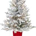 Nearly Natural 4ft. Flocked Fraser Fir Artificial Christmas Tree with 200 Warm White Lights and 481 Bendable Branches in Red Planter