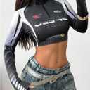 SweatyRocks Women's Racing Shirts Y2k Long Sleeve Half Zip Letter Graphic Crop Tops Black and Grey Large