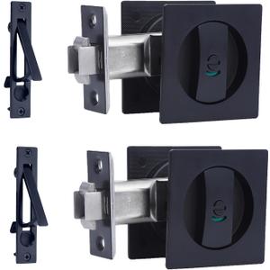 Dontay 2 Pack Pocket Door Lock with Pull, Color Coded Indicators, Privacy (Bed/Bath) Handles Latch, 2-3/8" Backset, Hardware for 1 3/8 to 2 3/16 Thickness Door (2, Matte Black)