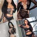 Xiusemy Womens Bodysuit Sexy Lingerie Set Fishnet Babydoll Two Piece Nightwear (Black Type 4, One Size)