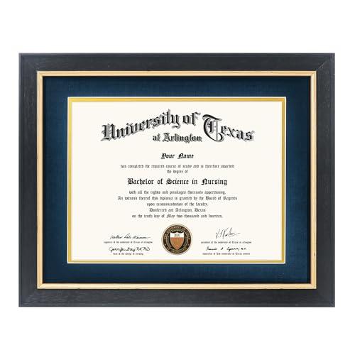 GMFrames 8.5x11 Wood Diploma Frame with Navy Mat or Display 11x14 Certificates without Mat,Tempered Glass,Rustic Black Finish with Gold Trim