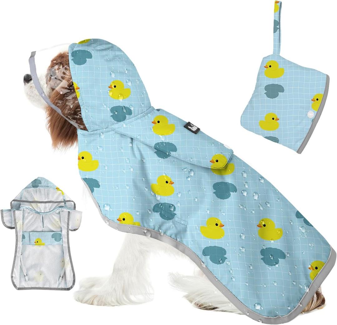 SlowTon Dog Raincoat, Adjustable Dog Rain Jacket Clear Hooded Double Layer, Waterproof Poncho with Reflective Strip Straps and Storage Pocket for Dogs (DK M)