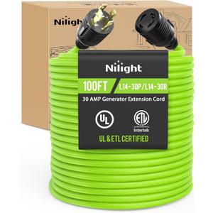 Nilight 100FT 30 Amp Generator Extension Cord 10/3 Gauge L14-30P to L14-30R | 125V Heavy Duty Pure Copper STW Wire UL ETL Listed 3 Prong Weatherproof Suit for Camper Outdoor Use Bright Green
