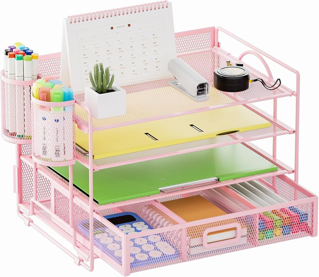 Marbrasse Desk Organizer and Accessories4-Tier Paper File Letter Tray Accessories & Workspace Desk Organizers with Drawer and 2 Pen Holders for School Home Office Supplies(Pink) (9.1" x 12.8" x 9.1")