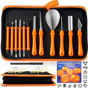 JOYIN 12 Pcs Halloween Pumpkin Carving Kit, Professional Carving Set with Handbag,12 Stencils, 4 LED lights for DIY Jack O Lantern, Stainless Steel Double-sided Sculpting Tools Decoration Supplies