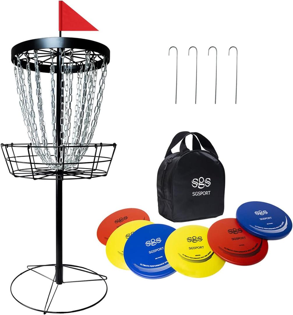 Disc Golf Basket with Discs | Portable Disc Golf Target with Heavy Duty 24-Chains Disc Golf Course Basket, Come with 6pcs Disc Golf Discs with Carry Bag