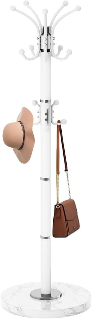 Modern Metal Coat Rack Stand, 360Rotary Coat Rack Freestanding with Natural Marble Base, White Sturdy Coat Racks with 16 Hooks, Coat Racks Hall Tree Stand for Entryway (White)