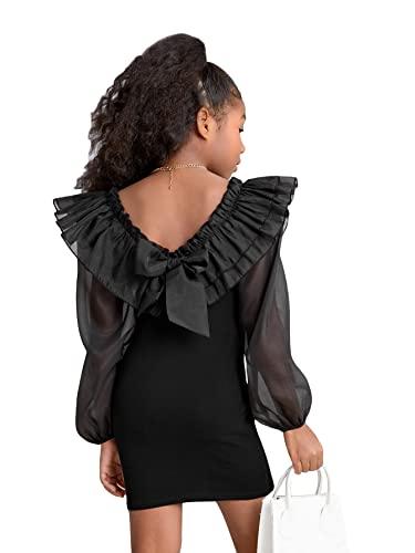 WDIRARA Girl's Mesh Ruffle Trim Layered Tie Back Lantern Sleeve Pencil Mini Dress Black 6Y