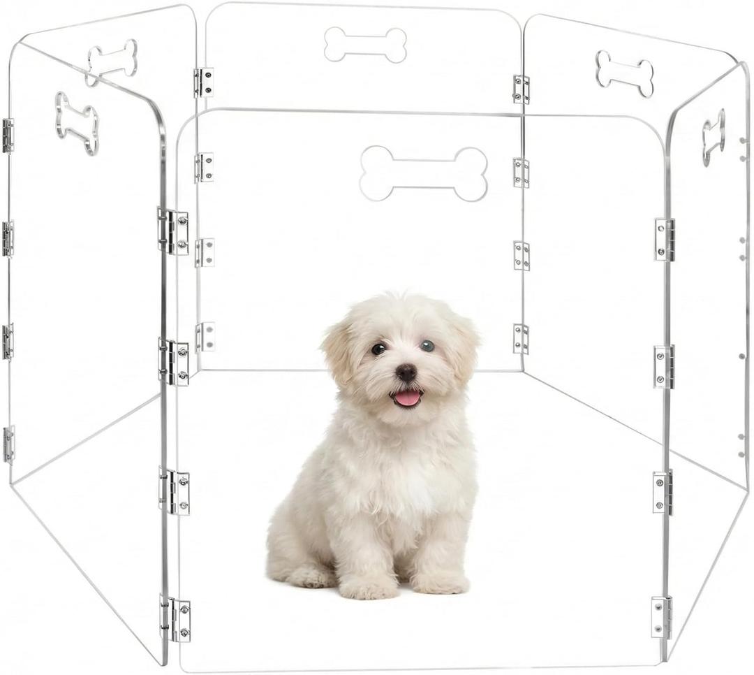 Acrylic Dog Playpen for House, Pre-Assembled Foldable Clear Gate Indoor with Handles, Free-Standing Pet Fence for Doorways for Small Dogs Puppy Cat Rabbit (6-Panel)