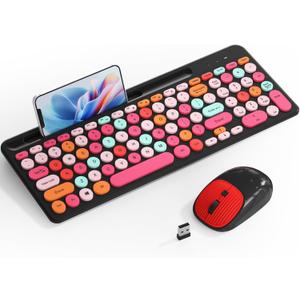 Retro Typewriter Wireless Keyboard with Round Keycaps, 2.4GHz Compact USB Cute Wireless Keyboard and Mouse Combo for Desktop, Laptop and Computer (Black-Colorful)