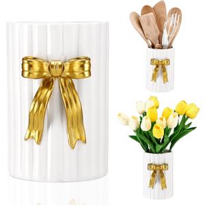 LemonRoad Ceramic Utensil Holder Kitchen Handmade Gold Bow 3D Cooking Utensil Crock with Scalloped Edge Design Vintage Retro Storage Caddy Organizer Vase Decor for Kitchen Accessories Countertop Gift