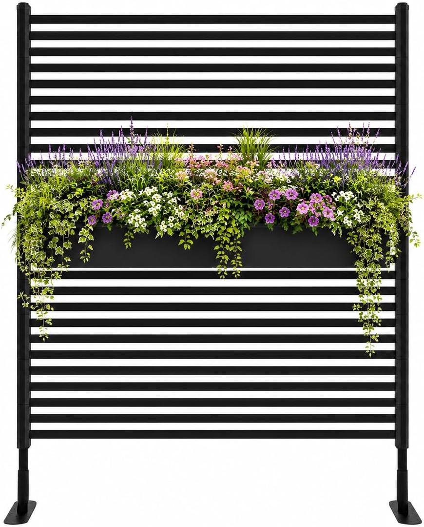 Outdoor Privacy Screen,4ft W x 6ft H Metal Black | Plastic-Coated Metal Construction Steel Slatted Panel for Deck, Balcony, Patio, Backyard and Yard Outdoor Decoration