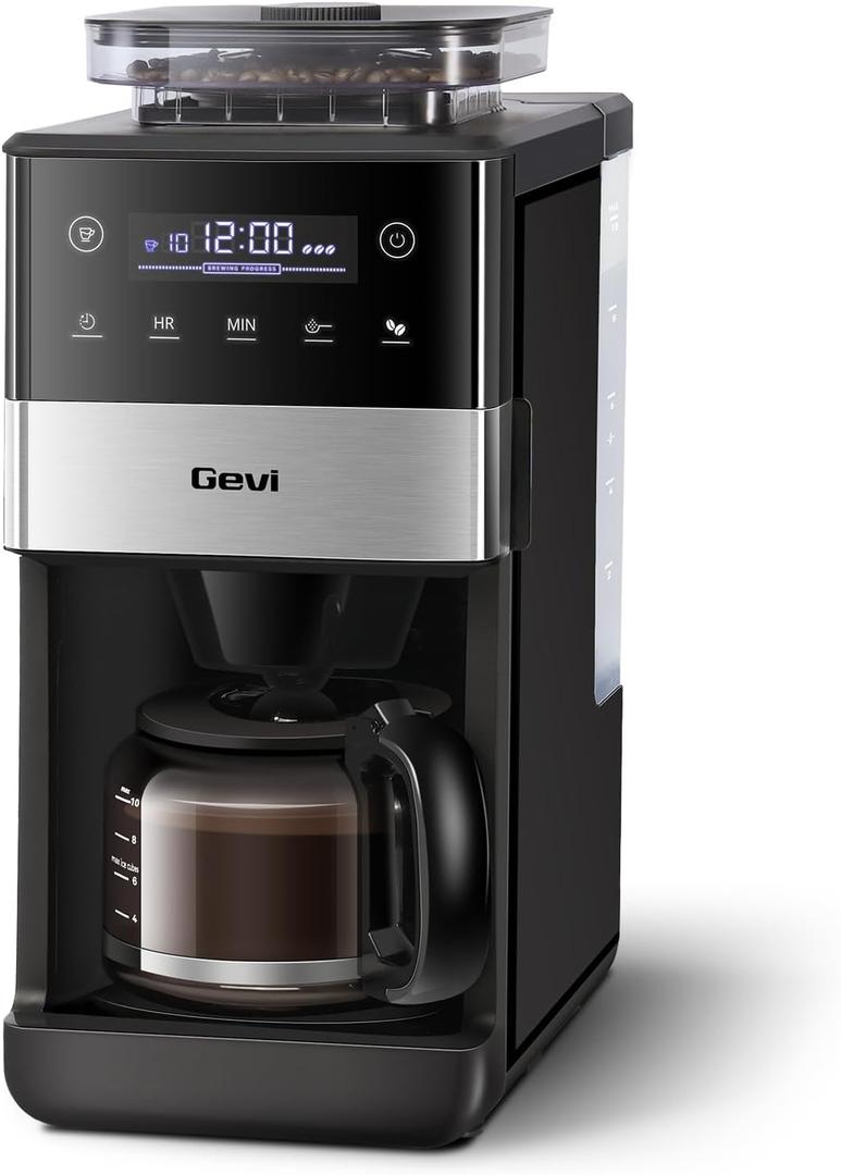 Gevi 10-Cup Grind & Brew Coffee Maker, Touch Screen, Programmable Brew | All-In-One 10-Cup Coffee Maker With Built-In Grinder & Glass Carafe, 90-Min Warm Plate, Reusable Filter, 1.5L Tank