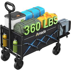 Small Wagon Cart Foldable, Collapsible Wagon with 360 LBS Max Load & Expandable Storage, 90L Foldable Grocery Cart with 2 Cup Holders for Outdoor, Garden, Camping &Groceries-Black