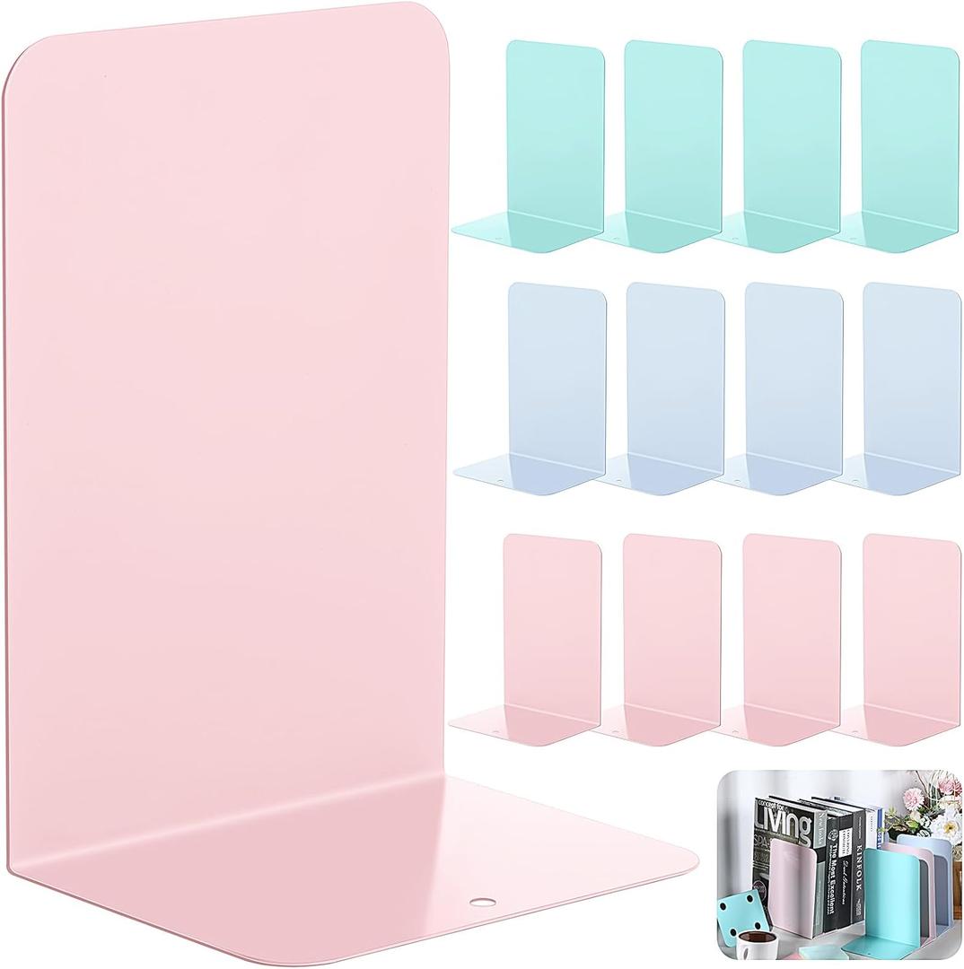 Beeveer 6 Pairs Metal Bookends Book Stopper for Shelves Office Book Holder Library Bookend for Heavy Books Desk Home Bookshelf School (Macaron Colors)