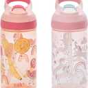 Zak Designs Atlantic Kids Water Bottle For SchoolZak Designs Atlantic Kids Water Bottle For School or Travel, 16oz Durable Plastic Water Bottle With Straw, Handle, and Leak-Proof, Pop-Up Spout Cover, 2-Pack (Fanciful Unicorn and Happy Fruit)